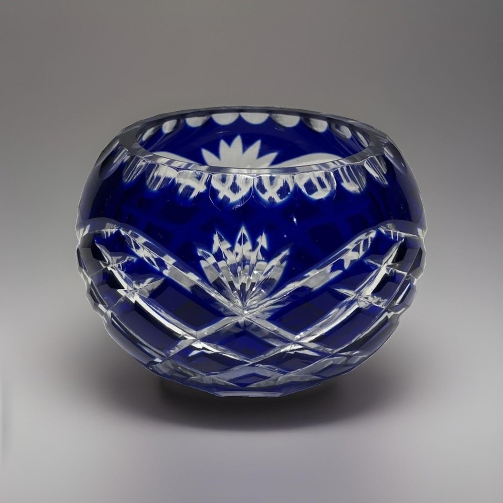 Vtg Bohemian Czech Cobalt Blue Cut to Clear Crystal Votive Candle Holder Vase
